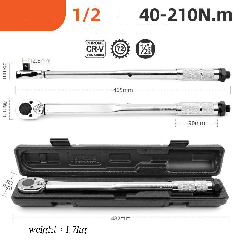 1/2 Square Drive Torque Wrench Adjustable Precise Preset Wrench for Car Bicycle Repair Hand Tools 40-210N.m 28-210N.m Tools Set