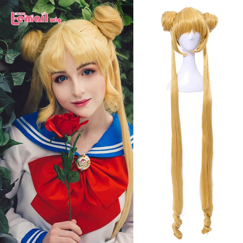 L-e-mail peruca de cabelo sintético usagi tsukino cosplay perucas super longas perucas louras com pães resistente ao calor peruca cosplay dia das