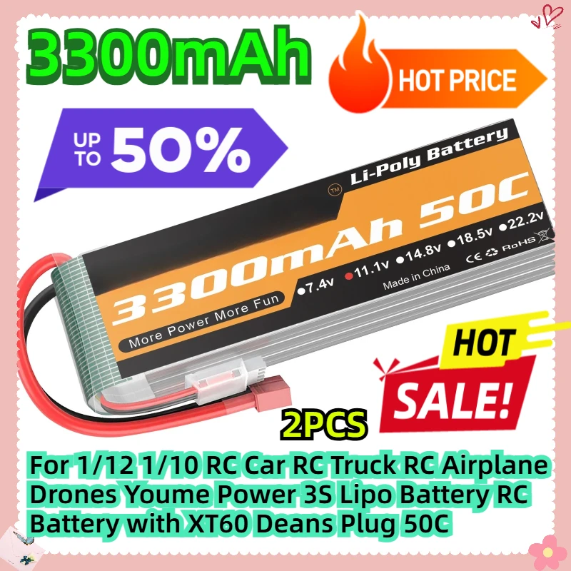 11.1v 3300mah For 1/12 1/10 RC Car Truck Airplane Drones Youme Power 3S Lipo Battery with XT60 Deans Plug 50C