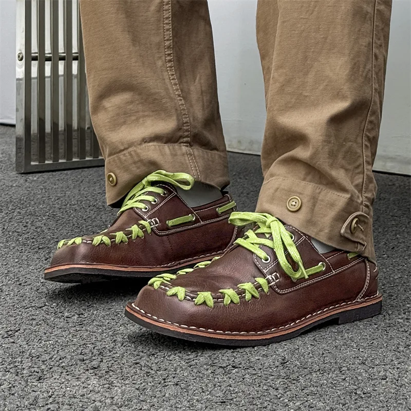 

Men Flats Derby Shoes Leather Sneakers Thick Soled Lace Up Retro Square Toe Versatile Men Women's Shoes High Quality