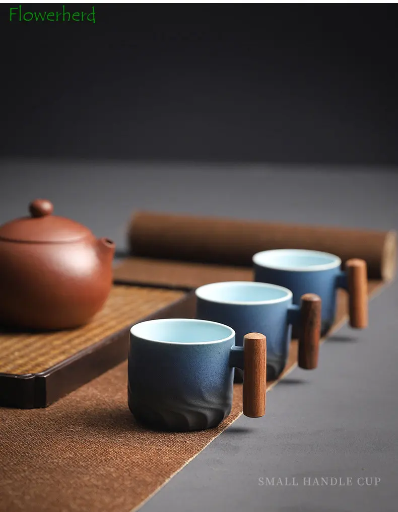 Kiln Changed Glaze Ceramic Mug Wooden Handle Tea Cup Teaware Creative Italian Handmade Coffee Cups Porcelain Small Gift Mugs