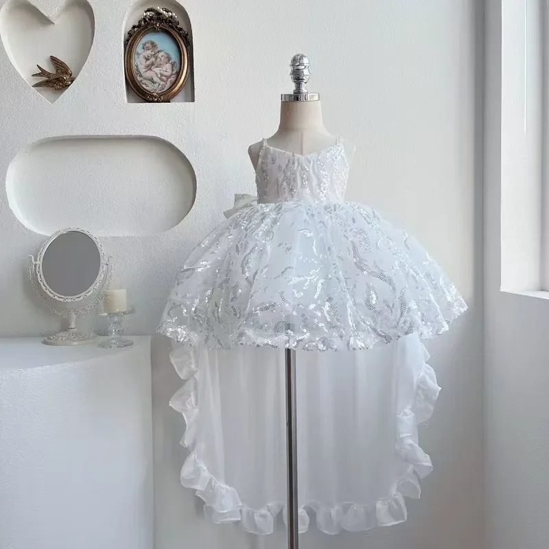 Long Trailing Girl's Clothing Princess Dress Sequin Tulle Girl Wedding Dress Kids Baby Evening Backless Birthday Ball Gown
