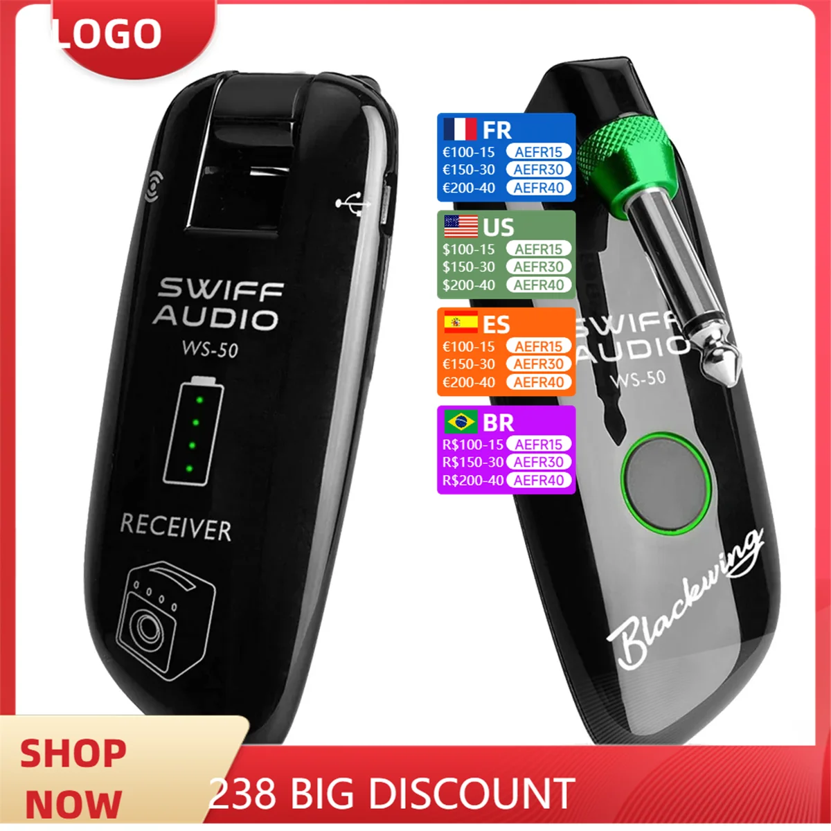 SWIFF WS-50 UHF Digital Guitar Wireless System (Transmitter + Receiver) 50M Transmission Range Built-in Rechargeable Battery