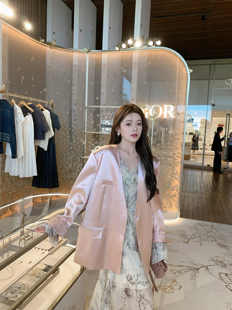 เสื้อแจ็คเก็ตผู้หญิงทรงหลวม แขนยาว ไม่มีปก ทำจากวัสดุอะซิเตท สีชมพู เหมาะสำหรับใส่ทำงานหรือเดินทางในฤดูใบไม้ผลิ