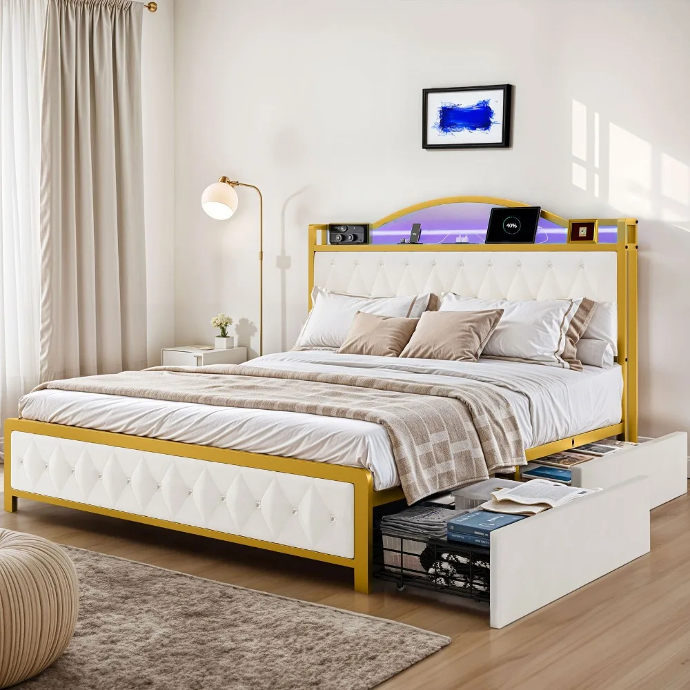 

Queen Size Storage Bed Frame w/ 4 Drawers Headboard Metal Platform Shelving