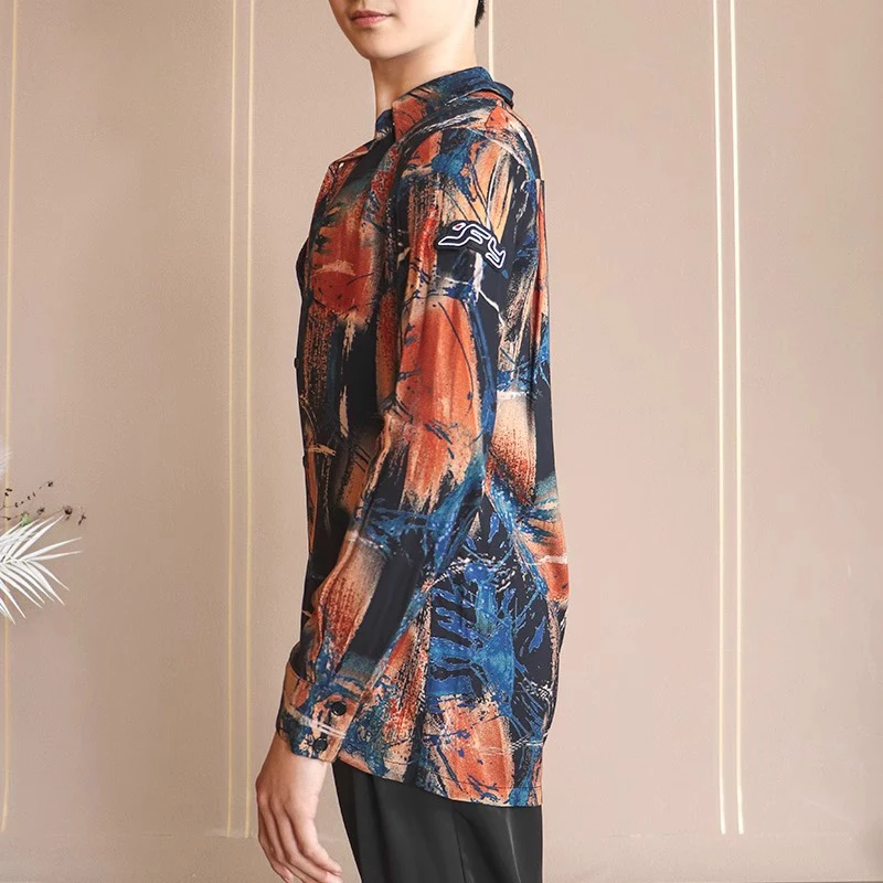 

New Summer Latin Dance Competition Clothing For Men Stand Collar Cardigan Mesh Shirts Chacha Samba Adult Latin Dance Tops