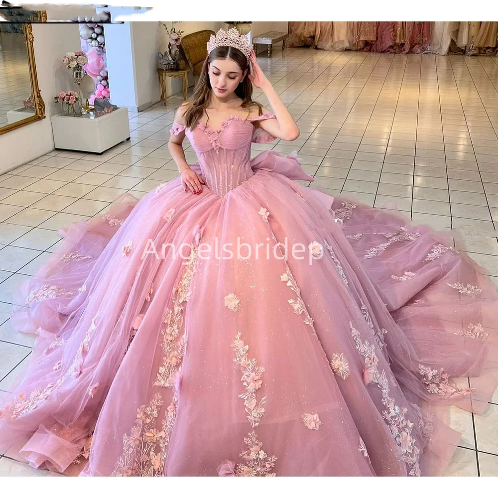 Angelsbridep Long Train Pink Ball Gown 15 Year Quinceanera Dress 2025 Girls Evening Dresses Vestidos De Fiesta With Big Bow