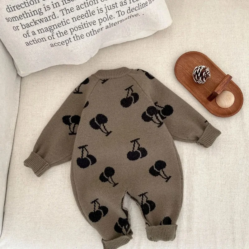 ZOETOPKID Baby Clothes Rompers Spring Autumn New Boy Knitted Jumpsuit Cute Girl Baby Cherry Embroidered Sweater Climbing Clothes