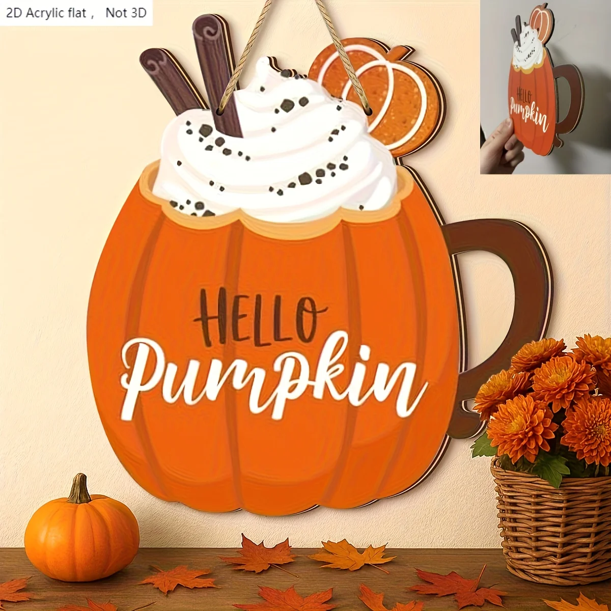 Hello Pumpkin Acrylic Door Hanger, Pumpkin Latte Cup Front Door Sign, Fall Autumn Harvest Porch Wall Decor