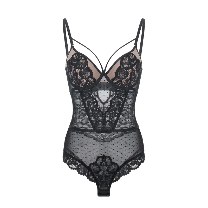 Sexy light lace bra push up black lingerie ladies underwear large size women bra set jumpsuit