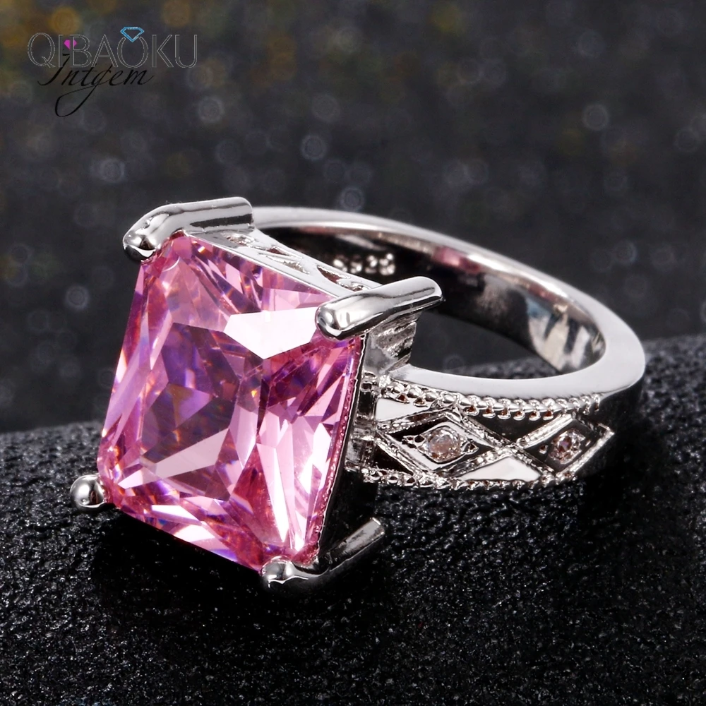 Silver Jewelry Cubic Zirconia Rectangle Pink Cushion Stone Rings Geometric Ring for Women Bridesmaid Wedding Party Gift Ring