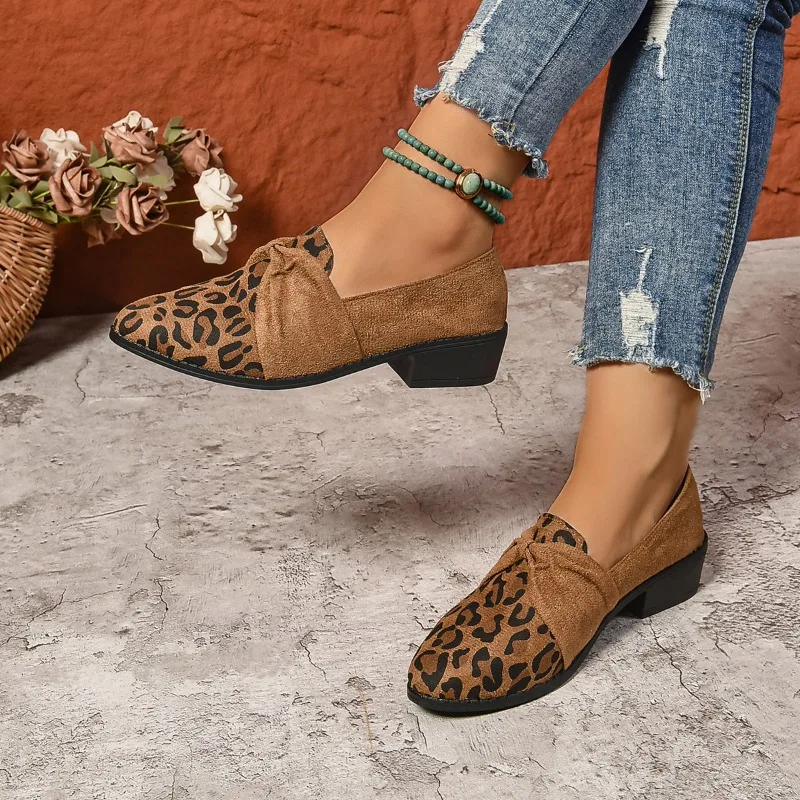 2024 New Leopard Women Chunky Loafers Shoes Suede Fashion Mid Heels Walking Shoes New Brand Pumps Casual Dress