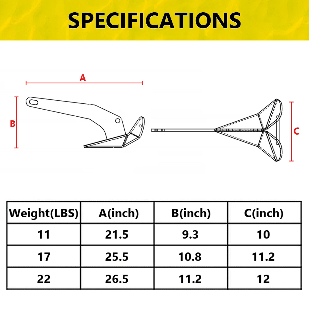 삼각형 보트 앵커, 316 스테인레스 스틸, 델타 스타일 앵커, 헤비 듀티 윙 스타일, 삼각형 앵커, 11lb, 17lb, 22 lb