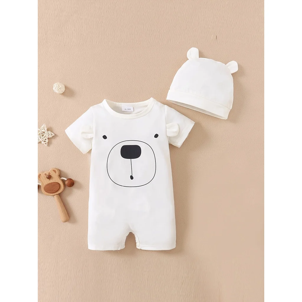 Baby Boy 0-18 Months Romper Newborn Baby Clothing Cute Bear Short Sleeves Bodysuit with Hat 2PCS Summer Infant Baby Boy Jumpsuit