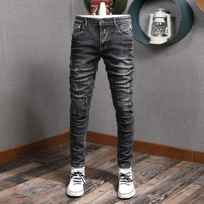 

Newly Designer Fashion Men Jeans Retro Black Gray Stretch Slim Fit Ripped Jeans Men Italian Style Vintage Denim Pants Hombre