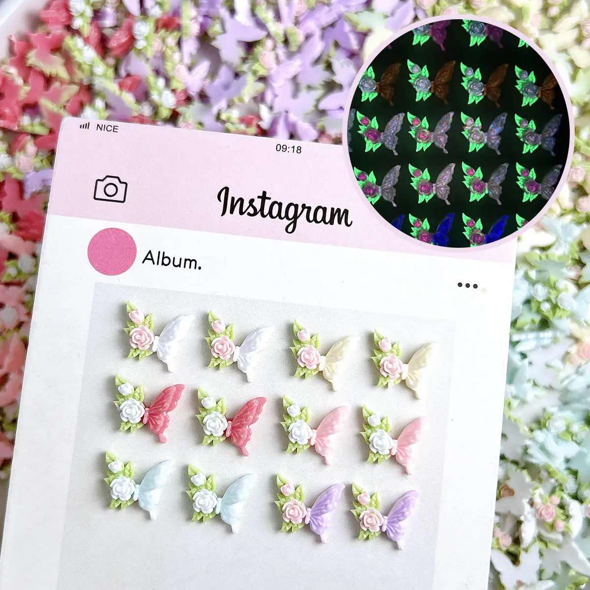 

3D Resin Sweet Glow In The Dark Butterfly Nail Art Decoration 6-Color Flower Butterfly Splicing Nail Charms Parts For DIY Crafts