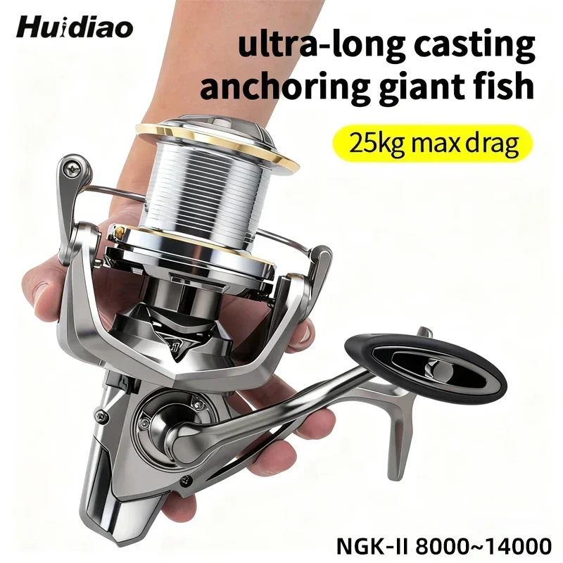 Huidiao NGK-II Hochleistungs-Spinnrolle 25 kg Max. Zugkraft 8000–14000 Zero Play 6+1BB Smooth Casting Reel zum Surf- und Offshore-Angeln