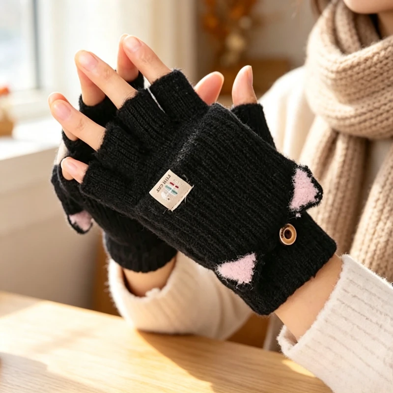 1pair Winter Knit Gloves Cute Cat Ear Half Finger Flip Cover Mittens Warm Convertible Writing Gloves for Daily Use