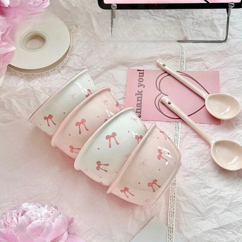 A Set of 4 Adorable Bow-patterned Tableware Cute Household Rice Bowl Eating Dishes Soup Yogurt Dessert Bowls