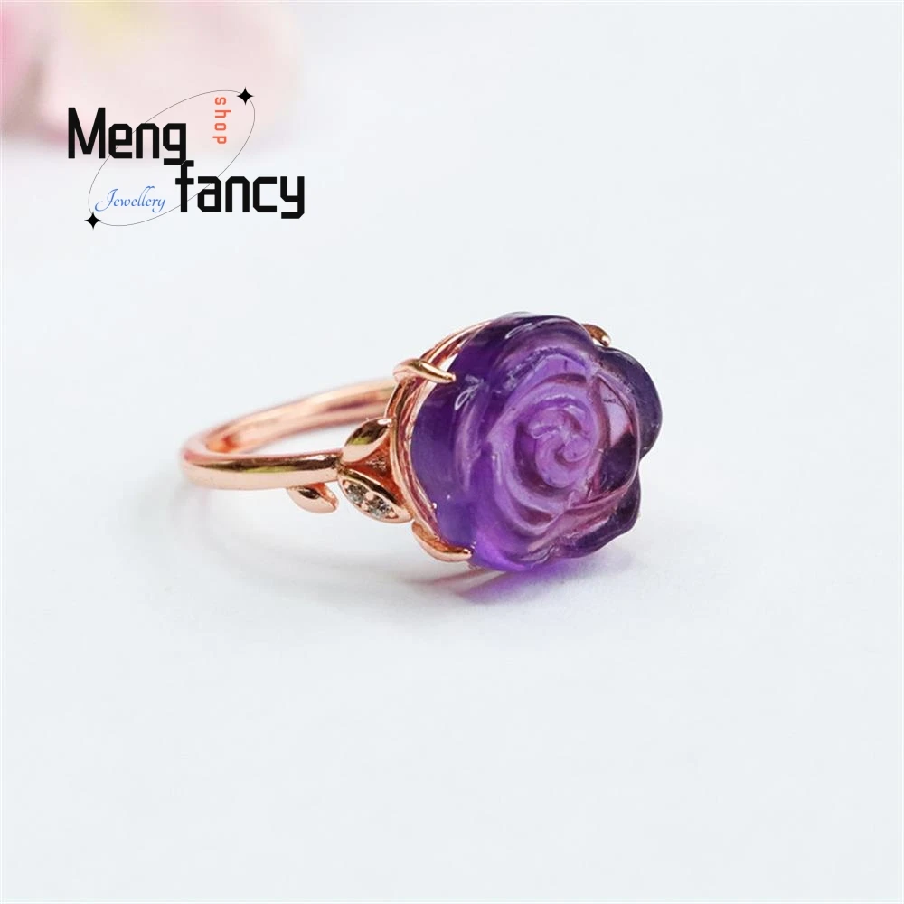 S925 Silver Natural Amethyst Best Selling Dating Adjustable Rose Ring High-grade Exquisite Elegant Couple Fashion Luxury Jewelry