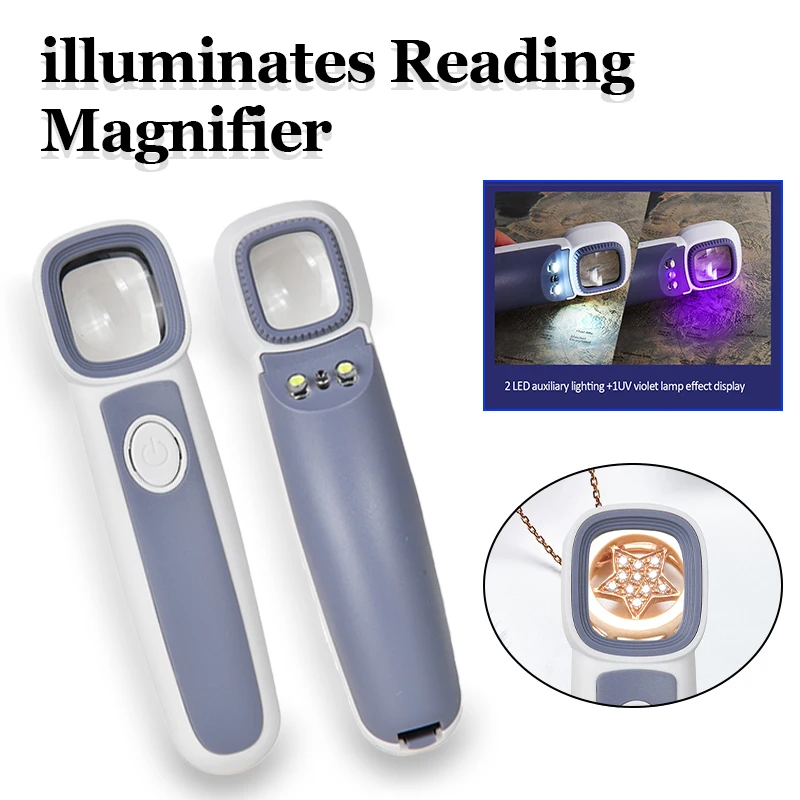 50x Illuminates Reading Magnifier with 2 LED Lights and 1 UV Violet Lamp Multifunction Handheld Magnifier for Jewelry Banknote