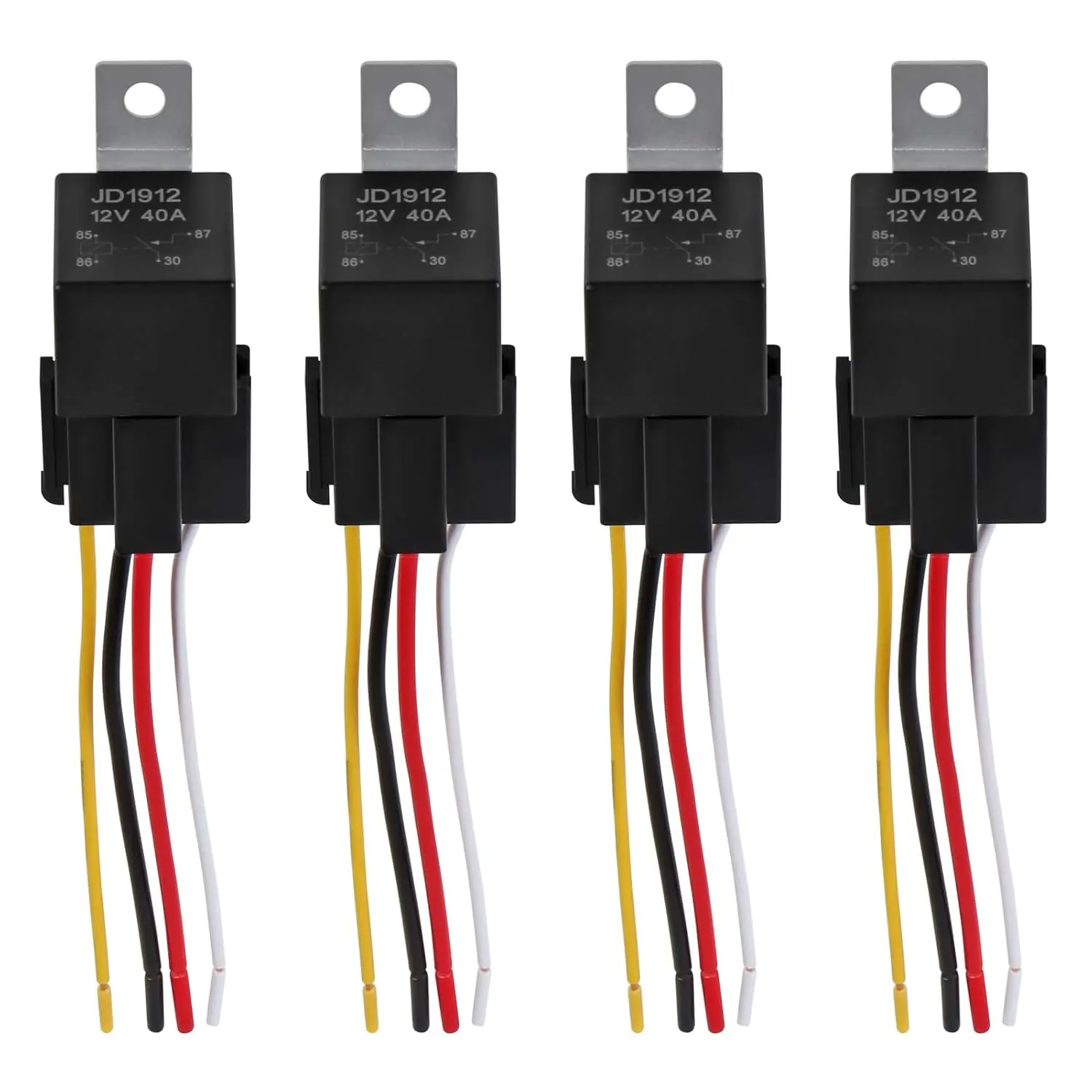 Paquete de 4 JD1912 arnés de relé de coche 12V 40A 4 pines SPST 12AWG enchufes de arnés con cables etiquetados en Color para camión automotriz Van Motorc
