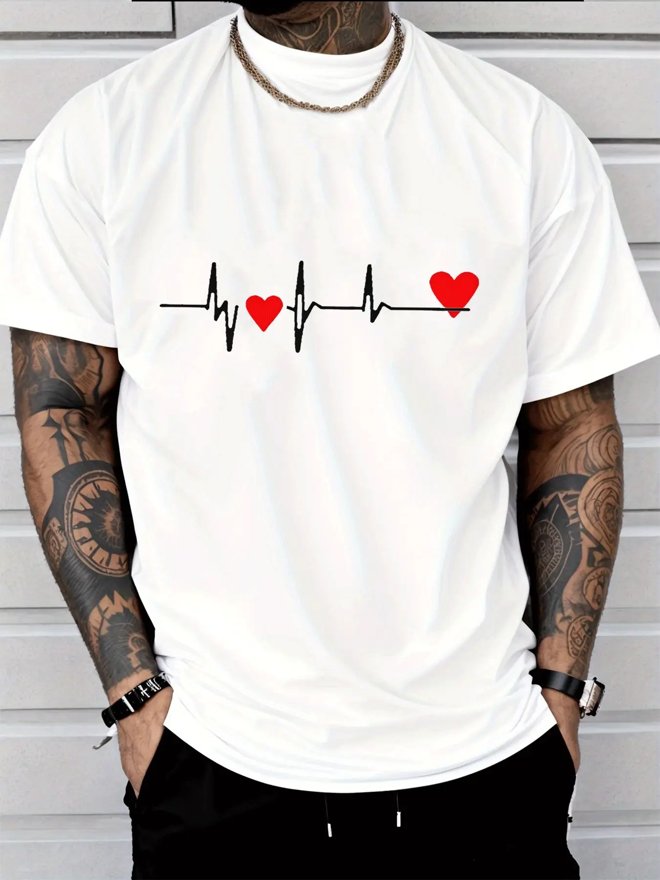 Unisex Crew Neck T‑Shirt Minimalist ECG Red Heart Line Art Print 100% Cotton Short Sleeve Soft Daily Casual Basic Tops Men Women