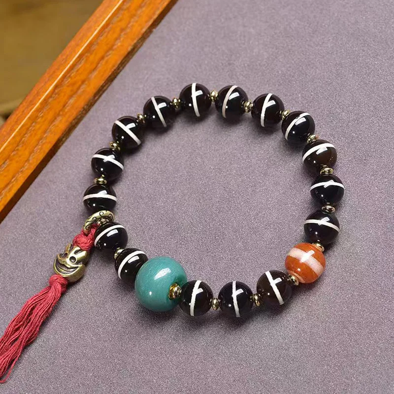 Natural West Asia ancient string bracelet, single-loop Tibetan-style cultural accessory, one-line Dzi bead with 999 silver