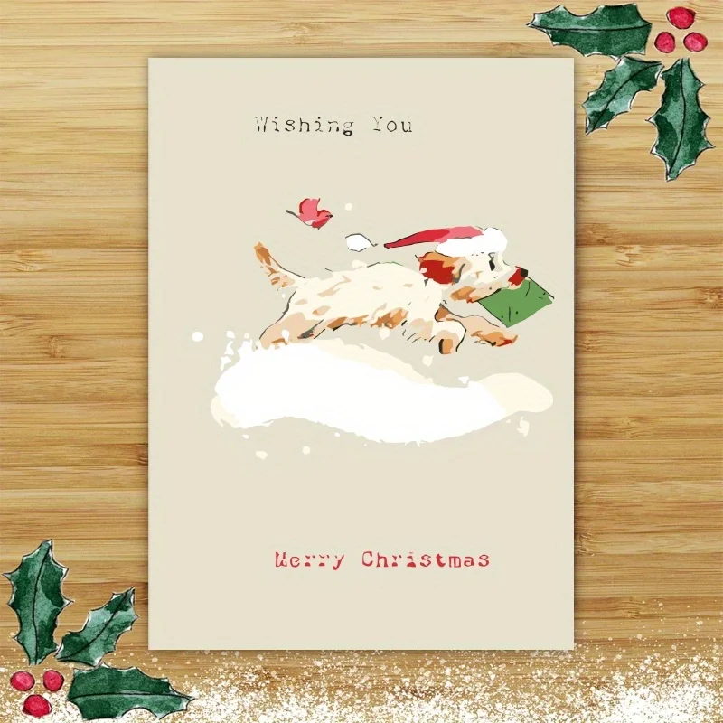 1szt, Happy Christmas Time Card, Wesoła i jasna świąteczna karta, kartka świąteczna, zabawny pies z kartką świąteczną z literą