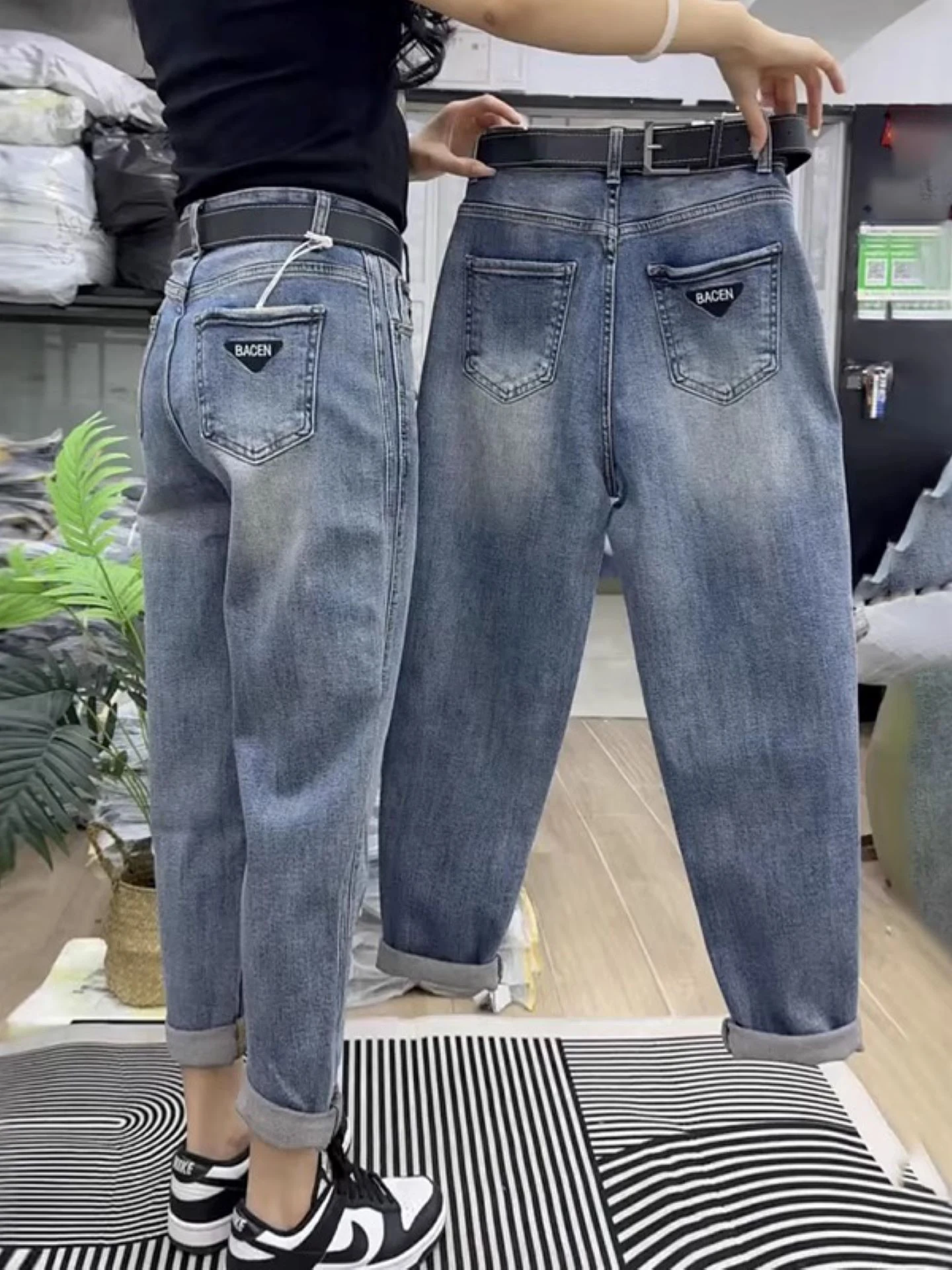 

High Waist Elastic Harem Denim Jeans Women's Summer New plus Size Conceal Meat Slim Dad Nine Points Pants Cotton Stretch Denim