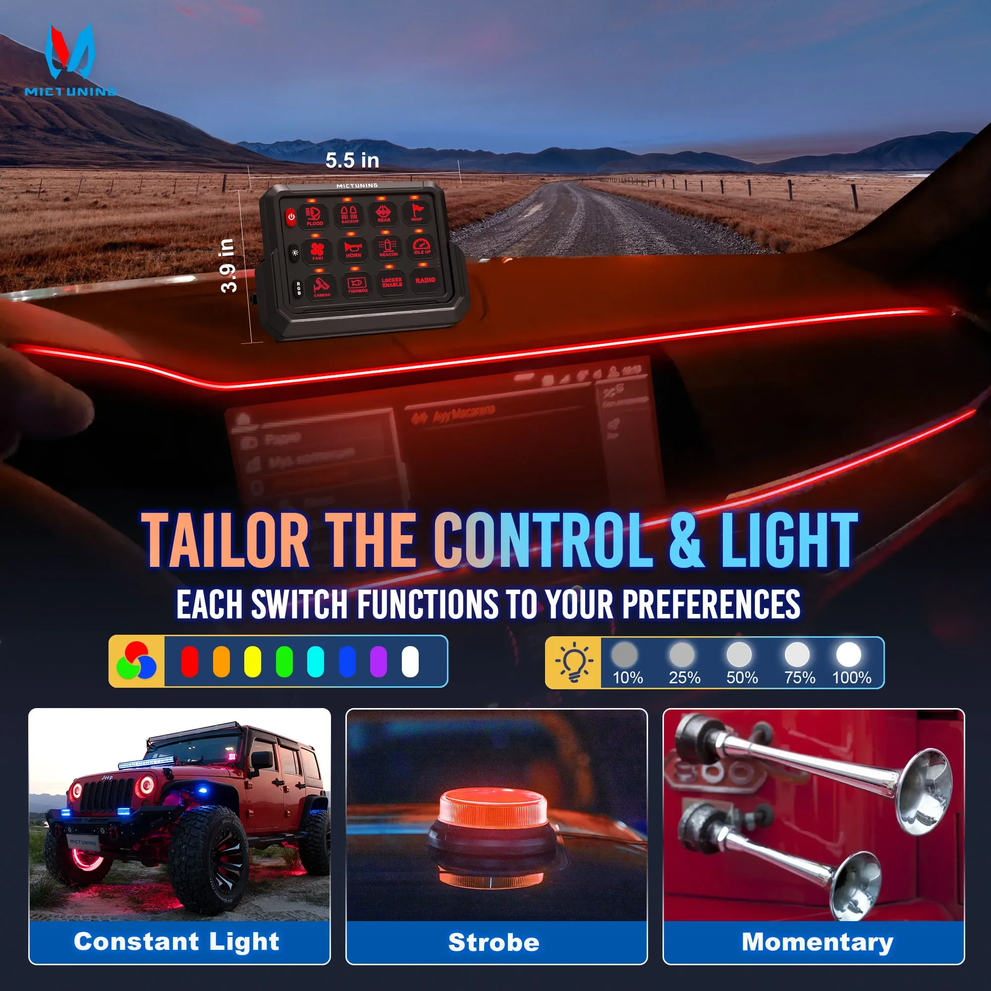 MICTUNING Universal 12-Pods switch panel, wireless cordless design, adjustable RGB colour brightness, 4-6 hours of standby time