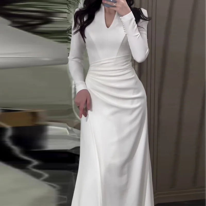 

Autumn New European and American New2025Solid Color Slim Fit Gentle Style Ruched Long Sleeve Dress