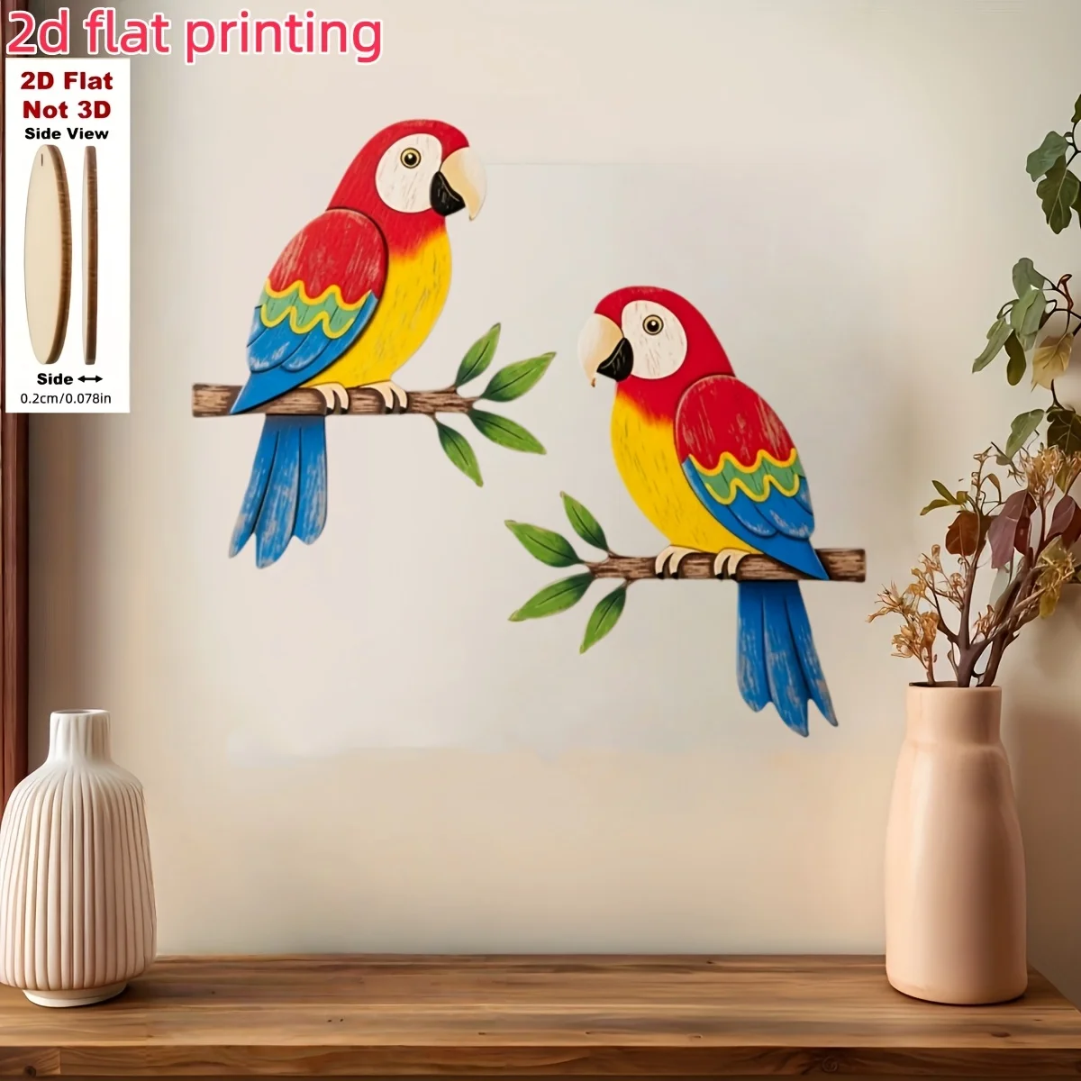2Pcs Colorful Macaw Parrot On Branch Wooden Wall Decor Tropical Animal Wooden Sign Home Living Room Wall Hanging Ornament