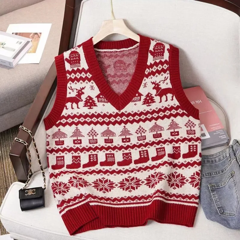 #3939 Black Red Khaki Sleeveless Pullover Vest Women Christmas Sweater Vest Female Slim Vintage Short Knitwear Pullover Vest