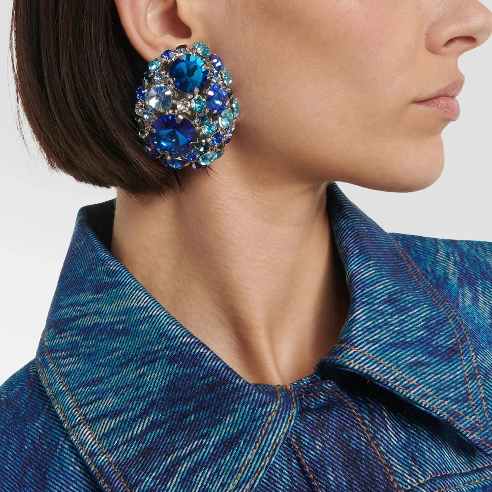 Fashion Exaggerated Blue Crystal Earrings Aesthetic Jewelry Christmas Gifts Rhinestone Large Square Earrings for Women