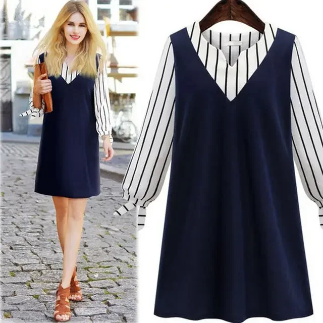 2022 New European American Style Summer Casual 1 Set Loose Size XL-5XL Blue Long Sleeve V-neck Striped Woman Dress