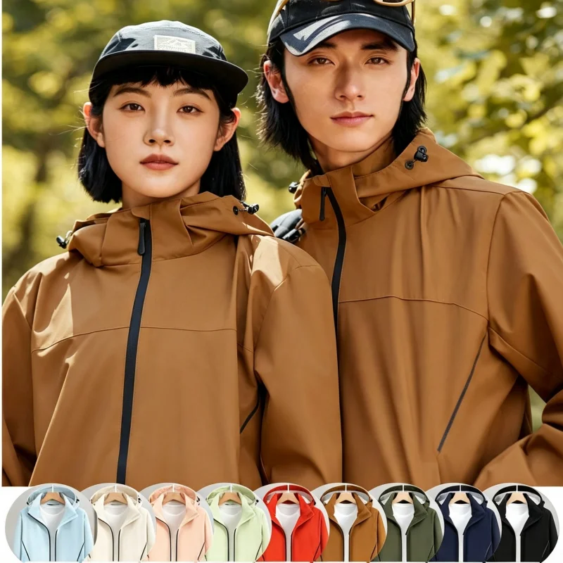New Hooded Men Clothing Windbreaker Waterproof Zipper‑Pocket Outdoor Windproof Hiking Camping