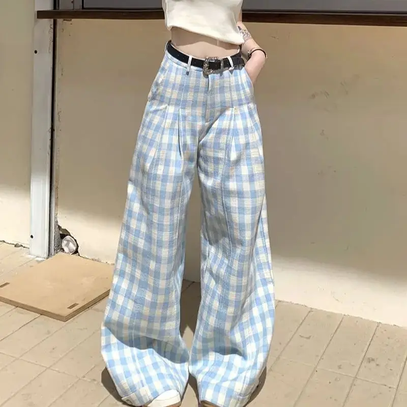 

Plaid Casual Pants Blue High-Waisted Slimming Korean Design Women'S Summer Versatile Wide-Leg Floor-Length Trousers