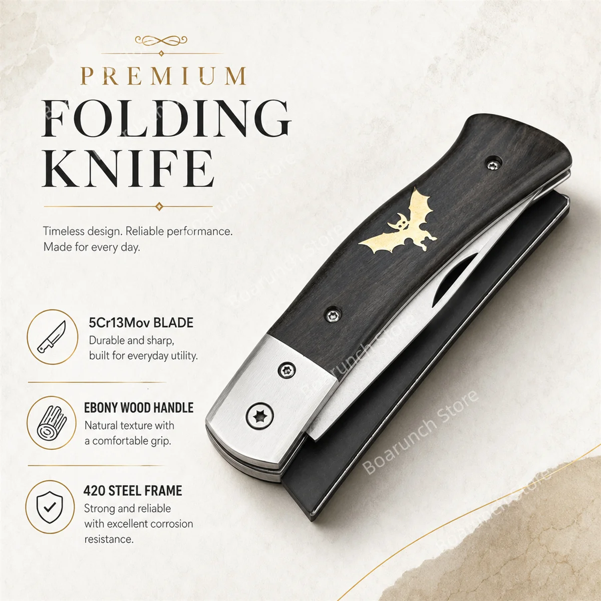 Folding Pocket Knife 5Cr13Mov Steel Blade 420 Steel + Ebony Handle Bat Pattern, Outdoor EDC Camping Knife Hiking Knife