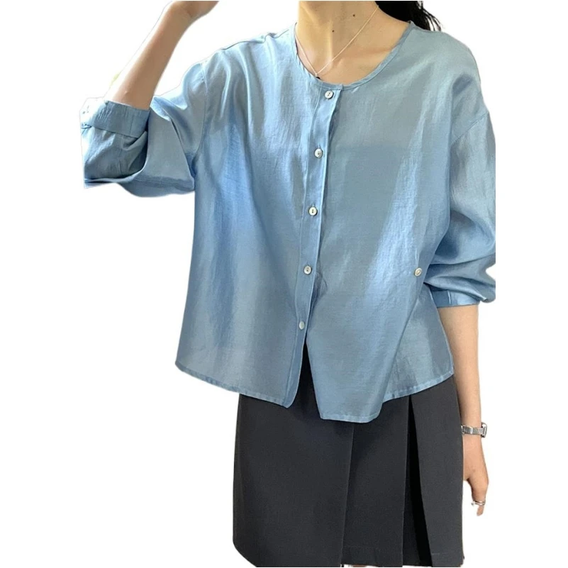 Spring New O-Neck Rayon Shirts Long Sleeve For Female Temperament Breathable Simplicity Solid Loose Cozy Streetwear Top Cardigan