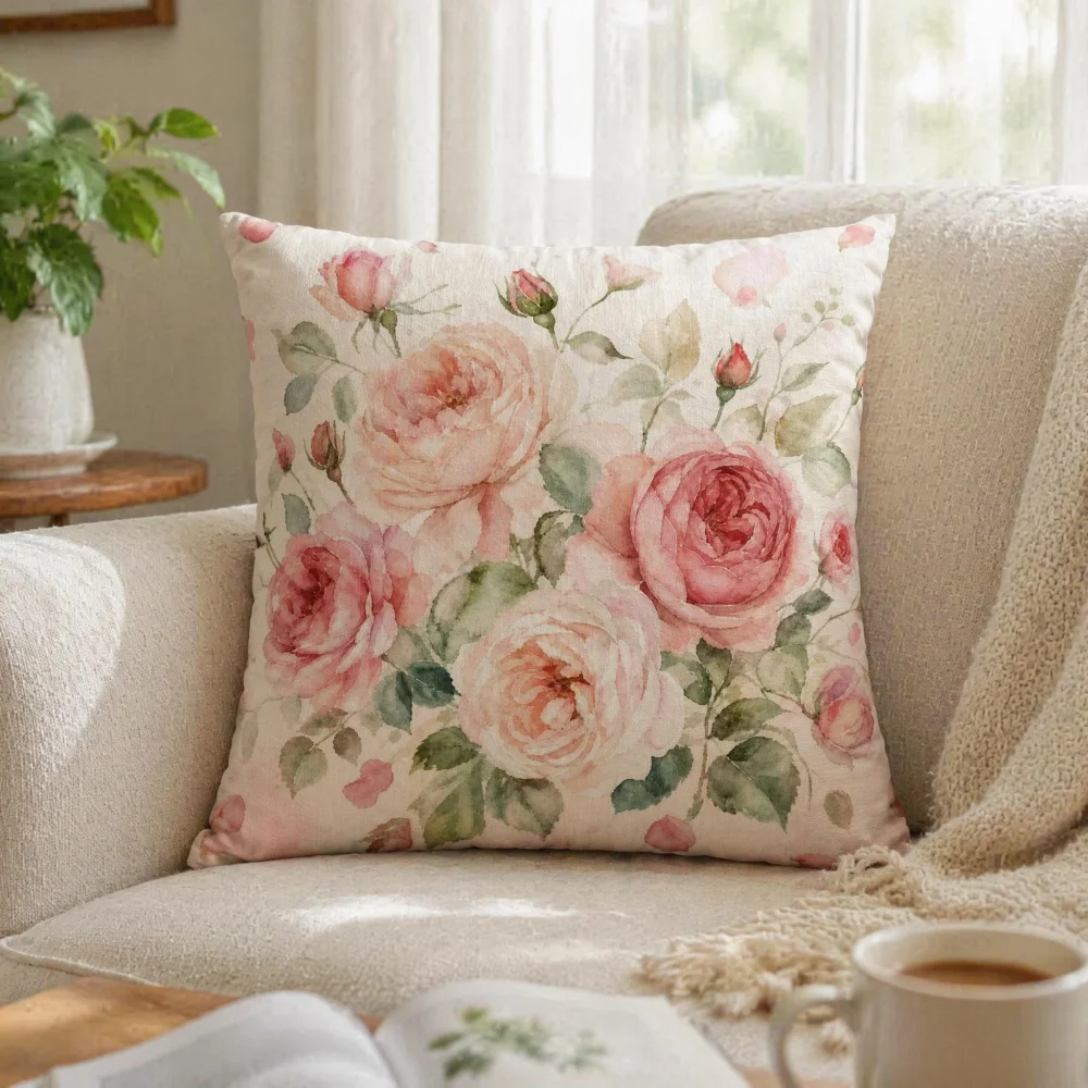 Square Multi Size Complete Cushion Pillow,2D Printed Gentle Pink Rose Floral Aesthetic Home Decor Cushion