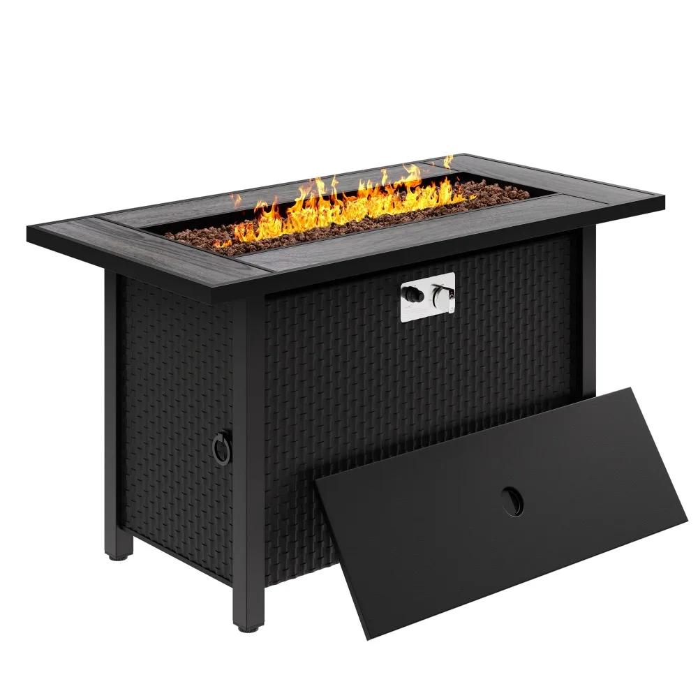 45in Fire Table, Propane Fire Pit with Red Lava Rocks and Rain Cover, Outdoor Firepit Table with Tile Top 50000 BTU
