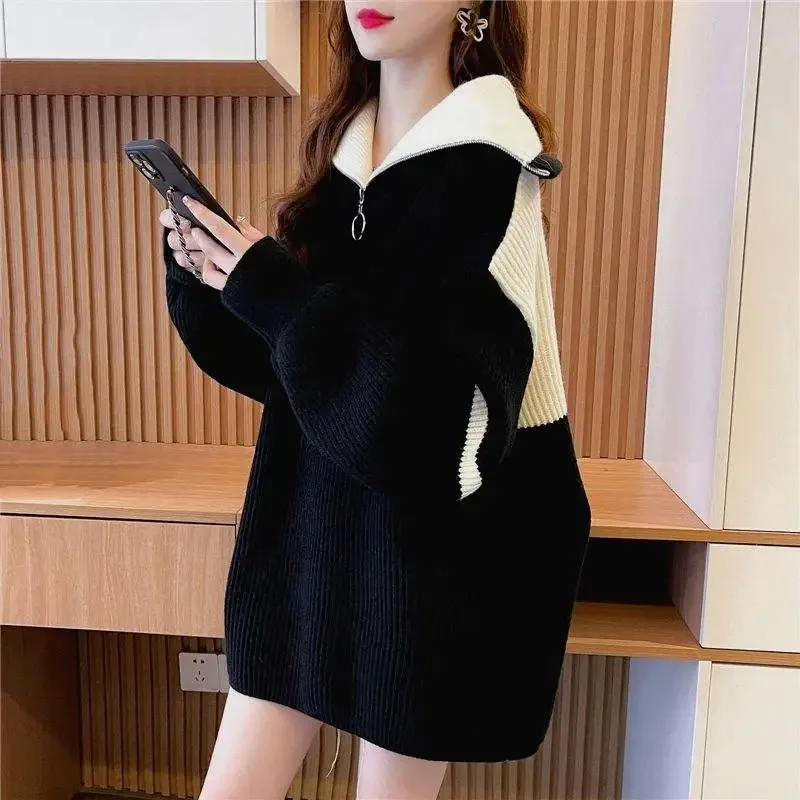 

Lazy Wind Ladies Fashion Thick Knitted Pullover Women Spring Autumn Female High Collar Color Blocking Long Sleeves Knit Sweater