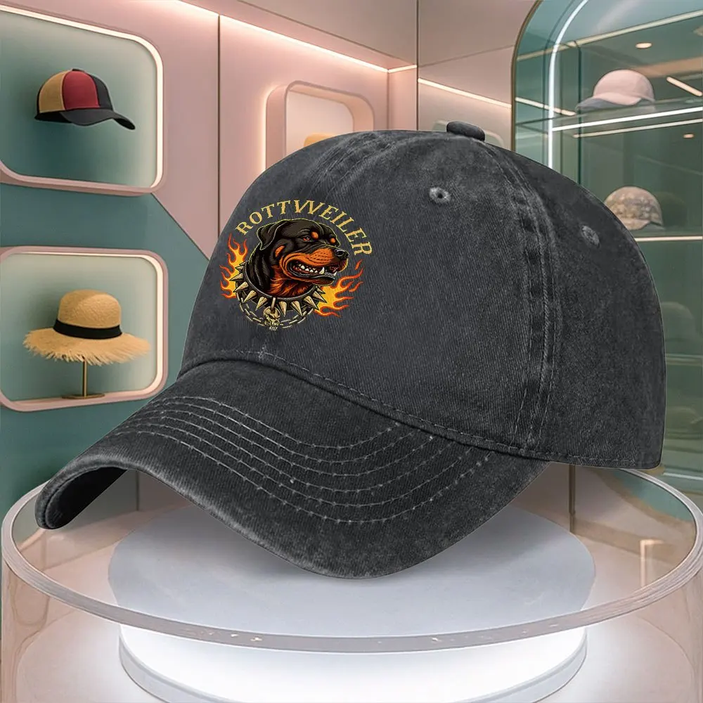 A Men'S Baseball Cap Featuring A Rottweiler Flame Pattern Stylish for Outdoor Use Retro Design Suitable for Both Genders