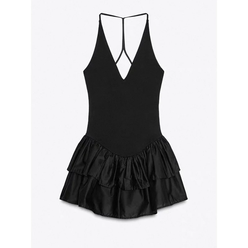 MEXZT Y2K Mini Abito Nero Donna Fashion Party Sexy Ruffles Halter Abiti Estate Gyaru Coreano Scollo a V Backless Aderente Abiti