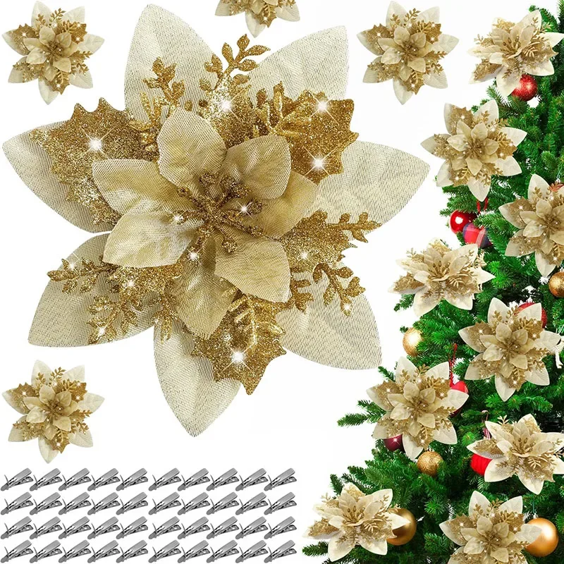 

10pcs New Glitter 2024 Christmas Flowers Xmas Tree 14cm Artifical Flower Ornaments Christmas Decoration For Home New Year