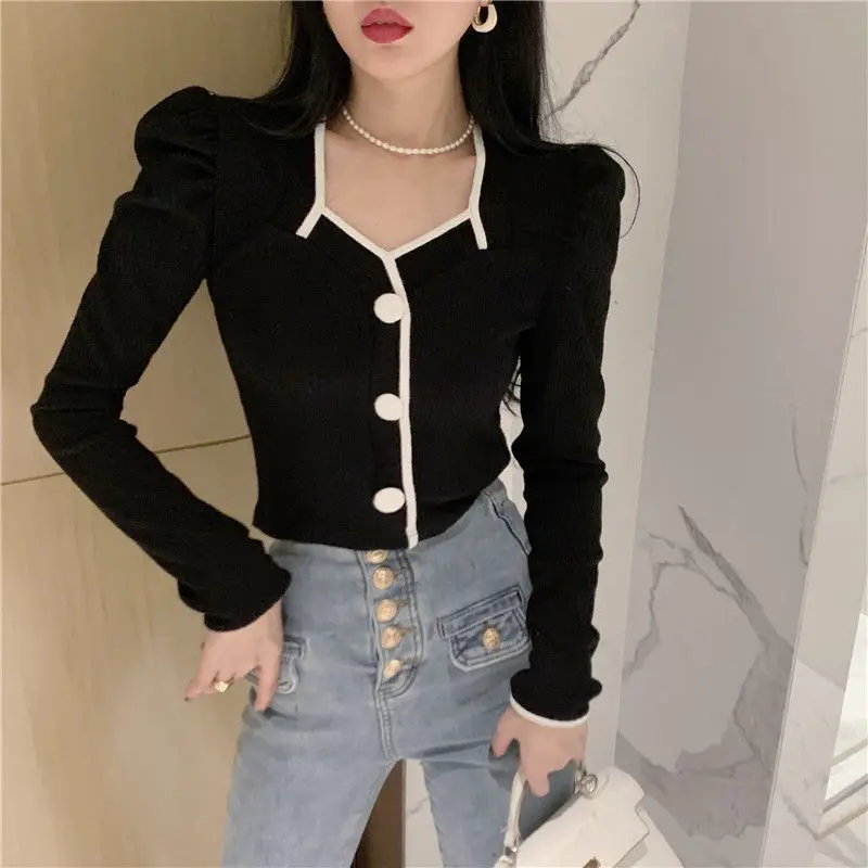 French Style Bubble Sleeve Contrasting Color Square Neck Long Sleeved T-shirt Women Autumn New Temperament Base Shirt Top