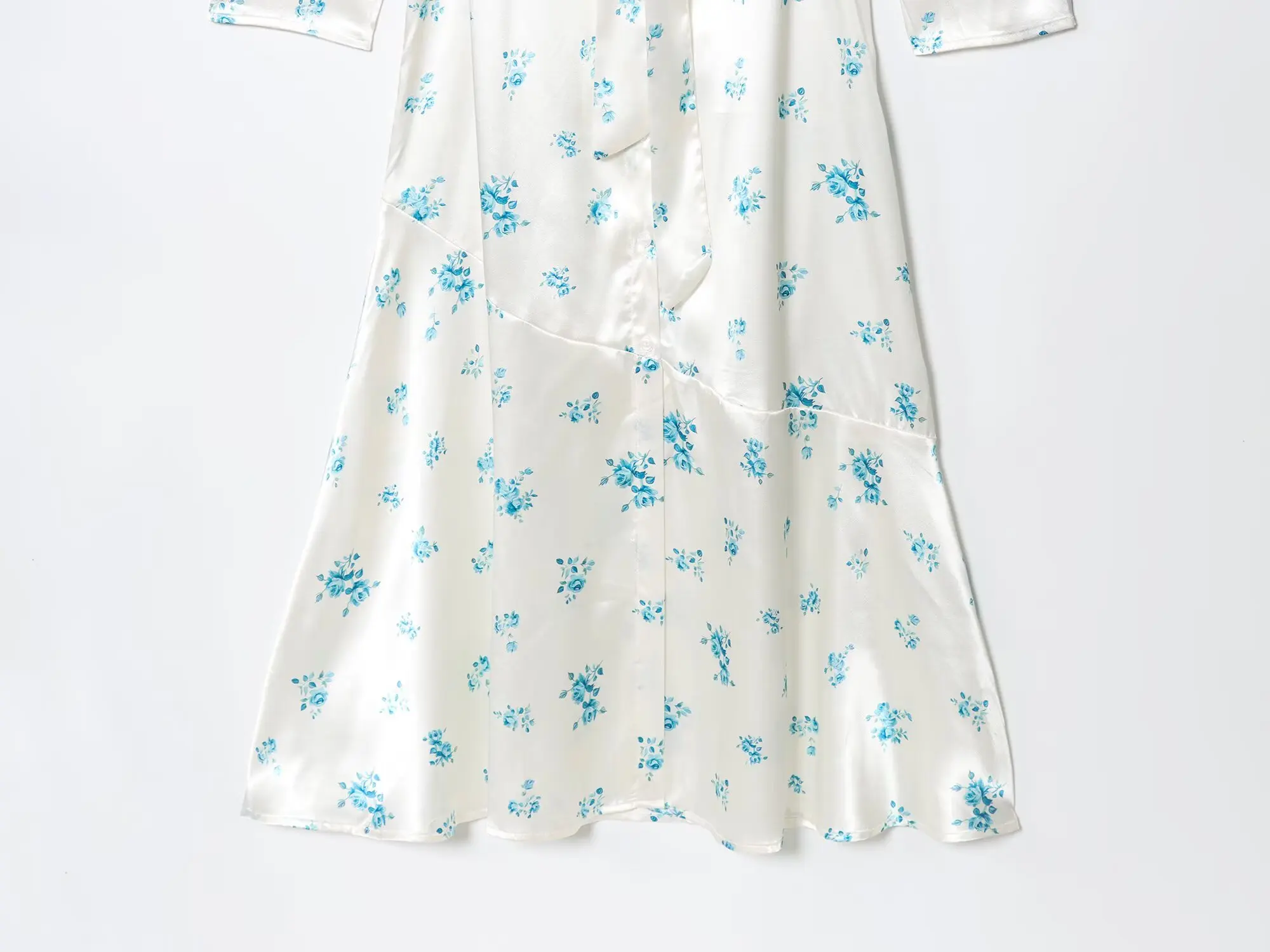 여성 긴팔 V넥 싱글 버튼 맥시 새틴 드레스 가을 플로럴 프린트 롱 드레스 (벨트 포함)