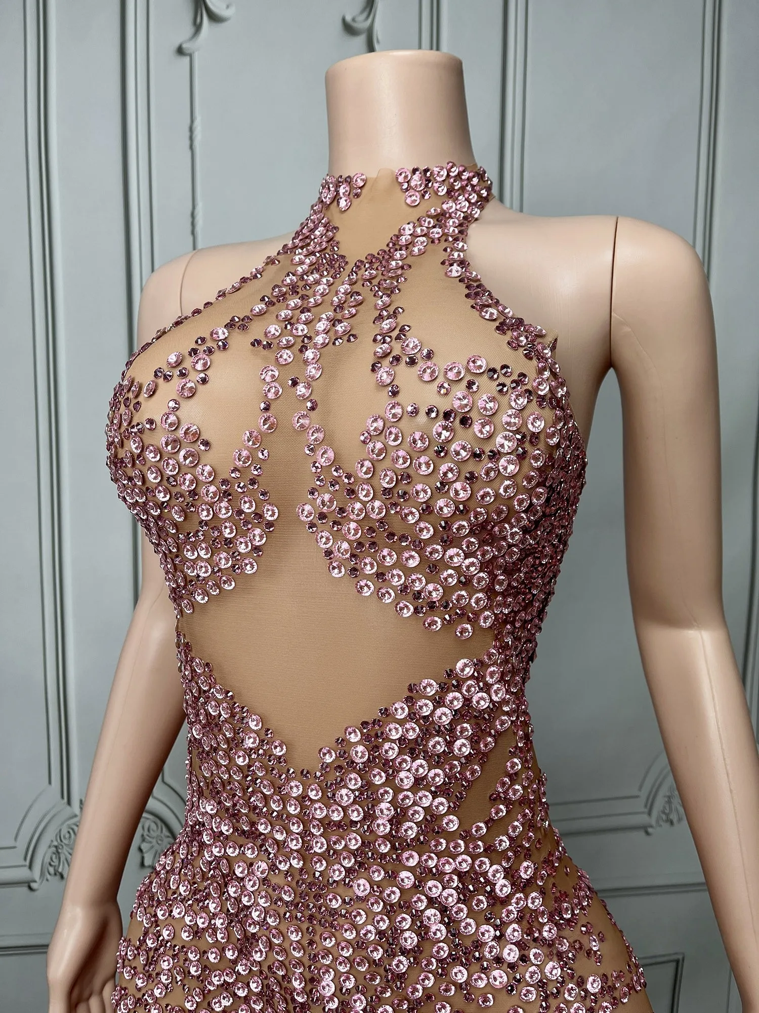 Women luxury Evening Party Prom Gowns Purple Diamonds Stick Mesh Bodycon See Through Special Occassion Birthday Celebrity Dress