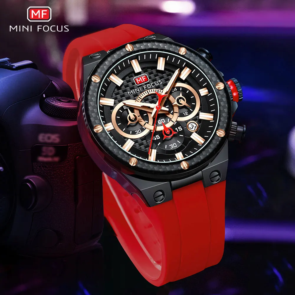 MINI FOCUS Red Sport Watch for Men Fashion Waterproof Silicone Strap Chronograph Quartz Wristwatch with Date Luminous Hands 0468